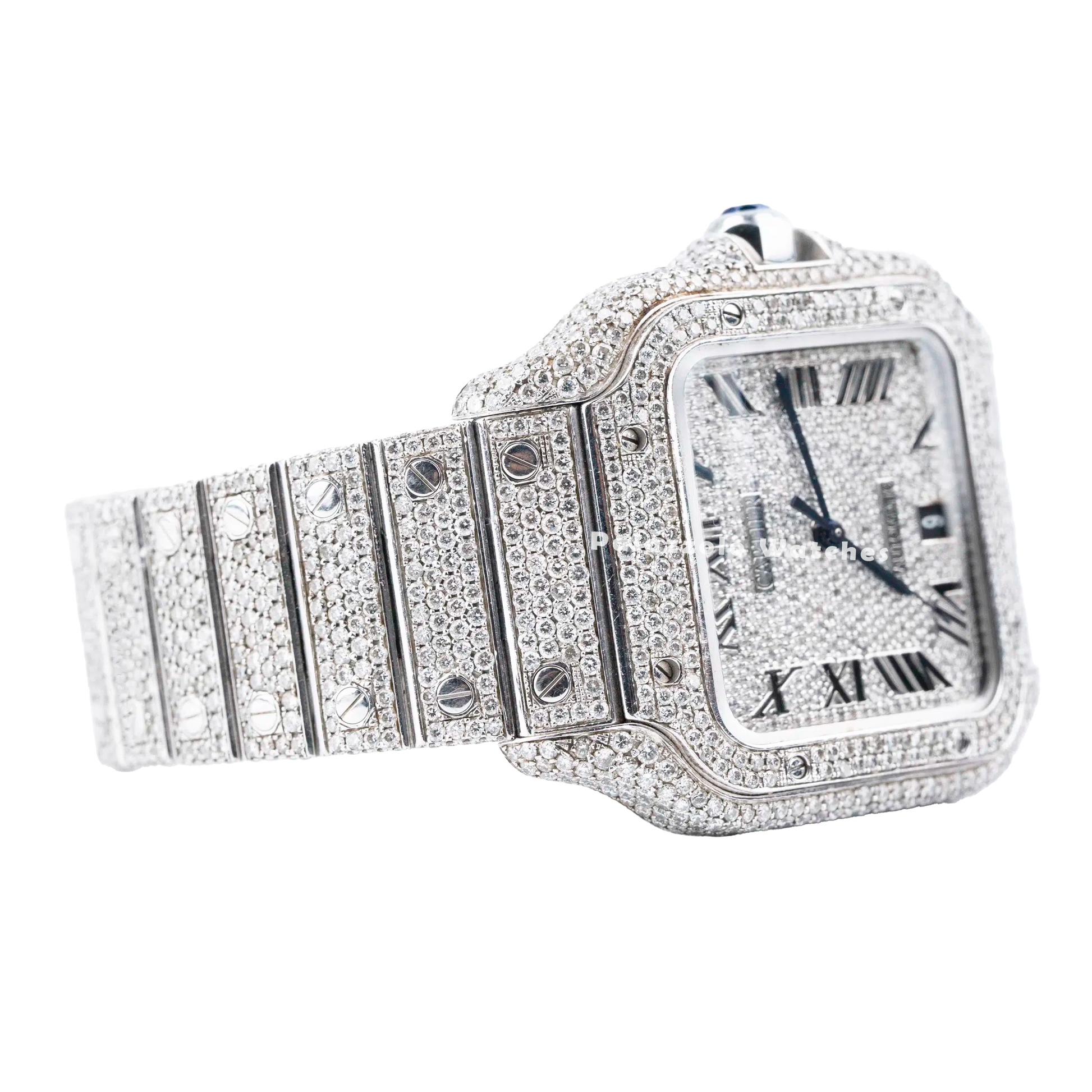 Iced Out Cartier Santos Stainless Steel with Aftermarket Diamond Dial - Palazzolo Watches