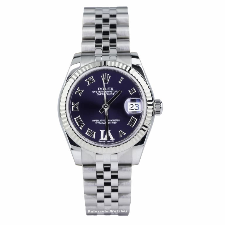 Rolex Datejust 31 Purple Roman Dial with Fluted Bezel and Jubilee Bracelet - Palazzolo Watches